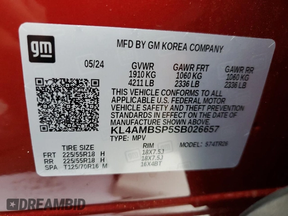 2025 Buick Encore GX Preferred with VIN KL4AMBSP5SB026657, listed as a Copart auction lot 58426895 with 7,105 mi miles and Salvage title. Bid and sale history available at DreamBid. Image 12.
