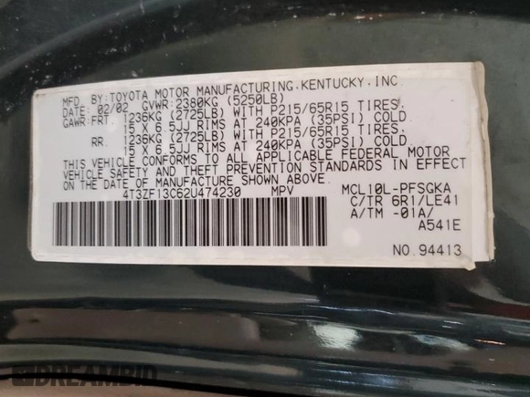 2002 Toyota Sienna LE with VIN 4T3ZF13C62U474230, listed as a Copart auction lot 52870445 with 191,887 mi miles and Non Repairable. Bid and sale history available at carsss.com. Image 13.