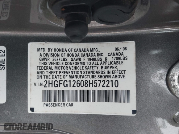 2008 Honda Civic Cpe LX with VIN 2HGFG12608H572210, listed as a IAAI auction lot 42004864 with 95,292 mi miles. Bid and sale history available at carsss.com. Image 9.
