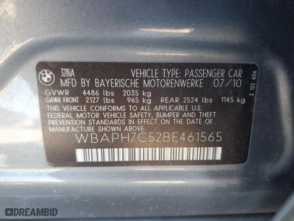 2011 BMW 3 Series 328i with VIN WBAPH7C52BE461565, listed as a Copart auction lot 47234465 with 0 mi miles and Clean Title. Bid and sale history available at carsss.com. Image 12.
