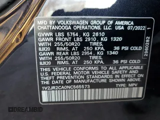 2022 Volkswagen Atlas SE with VIN 1V2JR2CA0NC565573, listed as a Copart auction lot 41456725 with 87,353 mi miles and Salvage title. Bid and sale history available at DreamBid. Image 13.