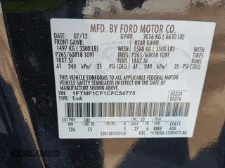 2012 Ford F-150 XL with VIN 1FTMF1CF1CFC54775, listed as a IAAI auction lot 41750647 with 11 mi miles. Bid and sale history available at carsss.com. Image 9.