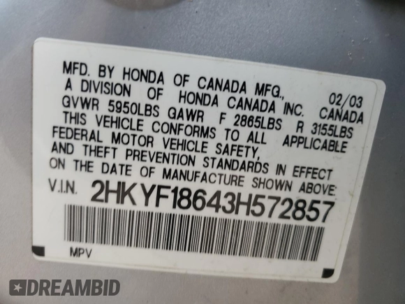 2003 Honda Pilot EX with VIN 2HKYF18643H572857, listed as a Copart auction lot 77900274 with 256,320 mi miles and Clean Title. Bid and sale history available at DreamBid. Image 12.