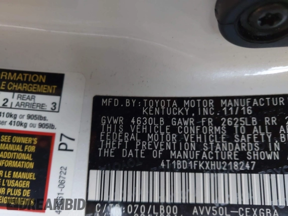 2017 Toyota Camry Hybrid LE with VIN 4T1BD1FKXHU218247, listed as a IAAI auction lot 41625337 with 72,040 mi miles. Bid and sale history available at carsss.com. Image 9.