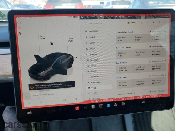 2023 Tesla Model 3 with VIN 5YJ3E1EA2PF563570, listed as a Copart auction lot 46410185 with 35,467 mi miles and Salvage Title. Bid and sale history available at carsss.com. Image 9.