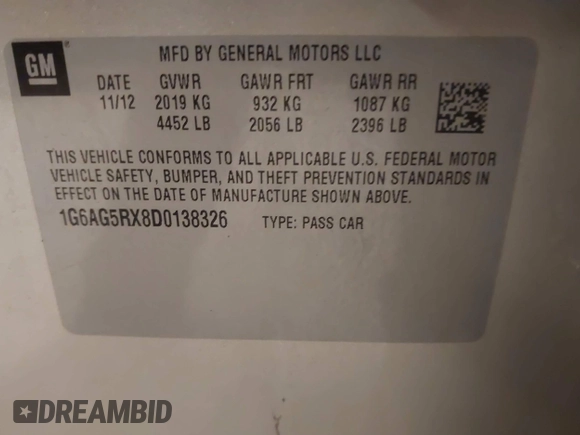 2013 Cadillac ATS with VIN 1G6AG5RX8D0138326, listed as a IAAI auction lot 41971289 with 121,805 mi miles and . Bid and sale history available at DreamBid. Image 9.