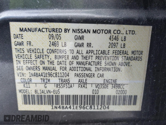 2006 Nissan Maxima 3.5 SL with VIN 1N4BA41E96C811204, listed as a IAAI auction lot 41611239 with 0 mi miles. Bid and sale history available at carsss.com. Image 9.