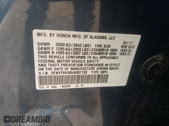 2017 Honda Pilot EX-L with VIN 5FNYF6H50HB087738, listed as a Copart auction lot 52154535 with 62,793 mi miles and Salvage Title. Bid and sale history available at DreamBid. Image 13.