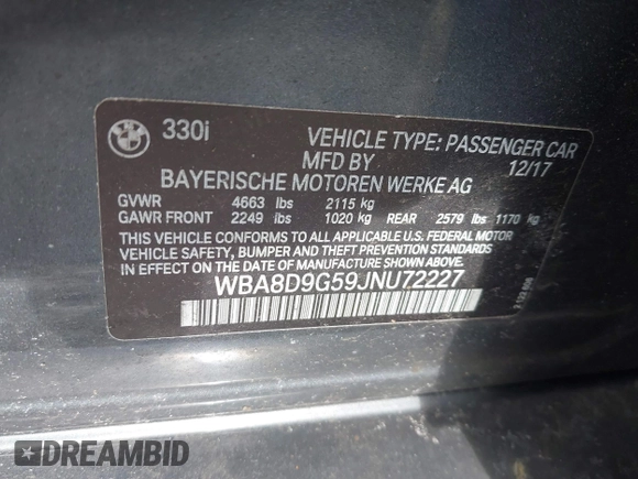 2018 BMW 3 Series 330i xDrive with VIN WBA8D9G59JNU72227, listed as a IAAI auction lot 41463619 with 79,987 mi miles and . Bid and sale history available at DreamBid. Image 9.