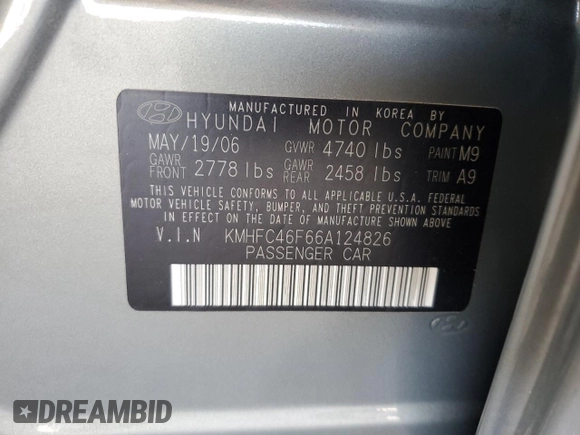 2006 Hyundai Azera SE with VIN KMHFC46F66A124826, listed as a Copart auction lot 48796695 with 134,434 mi miles and Salvage Title. Bid and sale history available at DreamBid. Image 14.
