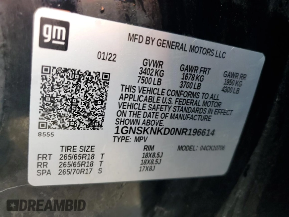 2022 Chevrolet Tahoe LT z VIN 1GNSKNKD0NR196614, wystawiony jako Copart lot #57806285 z przebiegiem 25 706 mil mil oraz Szkoda całkowita • Salvage title. Historia ofert i sprzedaży dostępna na DreamBid. Obrazek 13.