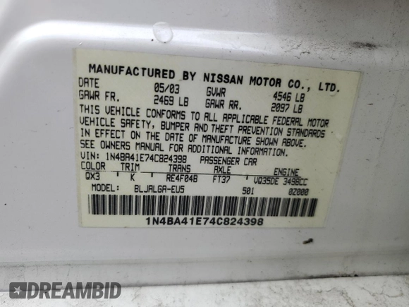 2004 Nissan Maxima SL with VIN 1N4BA41E74C824398, listed as a Copart auction lot 51312995 with 143,549 mi miles and Salvage Title. Bid and sale history available at DreamBid. Image 13.