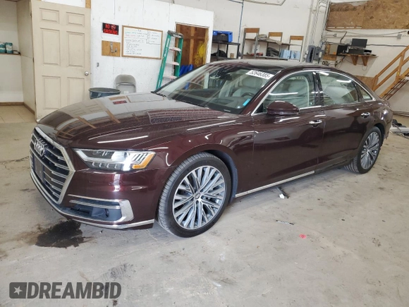2019 Audi A8 with VIN WAU8DAF85KN019978, listed as a Copart auction lot 52646385 with 46,416 mi miles and Salvage title. Bid and sale history available at DreamBid. Image 1.