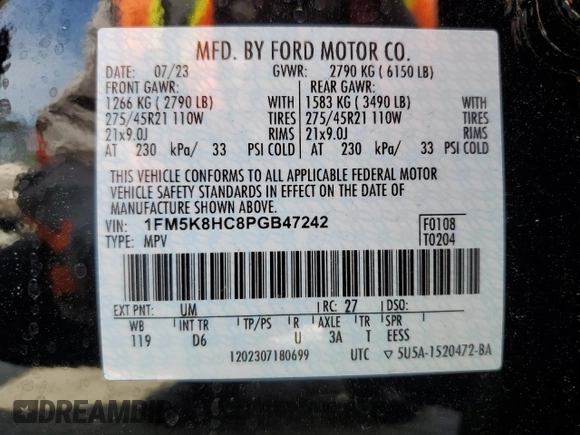 2023 Ford Explorer Platinum with VIN 1FM5K8HC8PGB47242, listed as a Copart auction lot 53545195 with 17,214 mi miles and Salvage title. Bid and sale history available at DreamBid. Image 13.