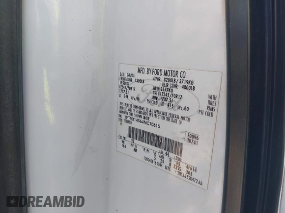 2004 Ford F-150 XL с VIN 1FTVX14564NC70615, выставлен на аукционе IAAI как лот 41832031 с пробегом Не указан миль и . История ставок и продаж доступна на DreamBid. Изображение 9.