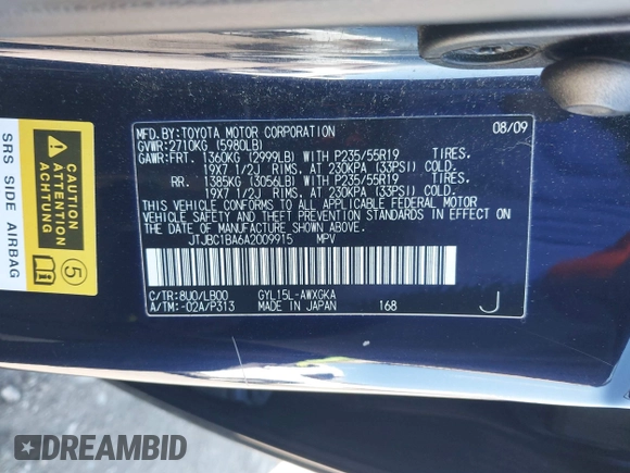 2010 Lexus RX 450h with VIN JTJBC1BA6A2009915, listed as a IAAI auction lot 41903210 with 190,013 mi miles and . Bid and sale history available at carsss.com. Image 9.