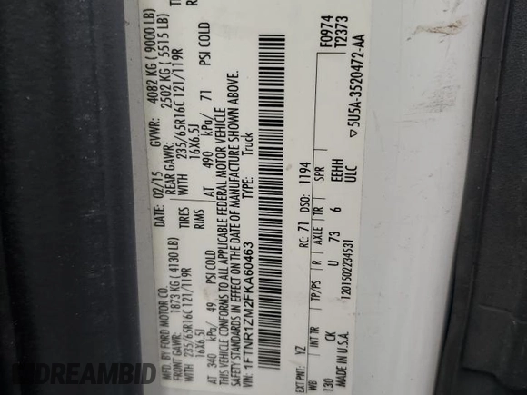 2015 Ford Transit Cargo with VIN 1FTNR1ZM2FKA60463, listed as a Copart auction lot 73890164 with 173,429 mi miles and Salvage Title. Bid and sale history available at DreamBid. Image 14.
