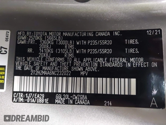 2022 Lexus RX 350 with VIN 2T2HZMAA6NC232022, listed as a IAAI auction lot 42528304 with 22,576 mi miles and . Bid and sale history available at DreamBid. Image 9.