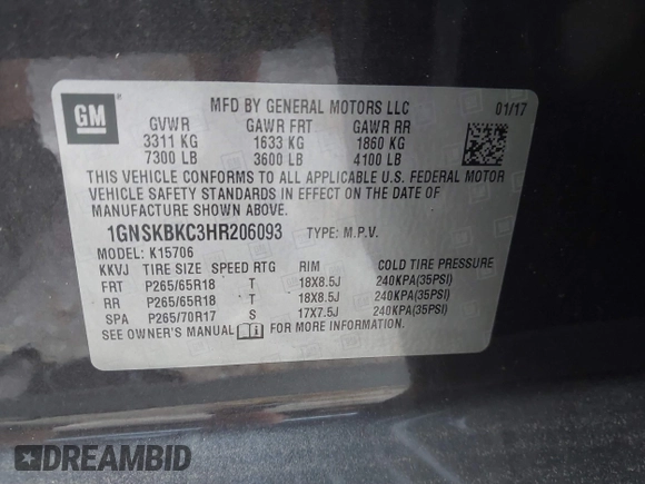 2017 Chevrolet Tahoe LT with VIN 1GNSKBKC3HR206093, listed as a IAAI auction lot 40602629 with 161,740 mi miles and . Bid and sale history available at DreamBid. Image 9.