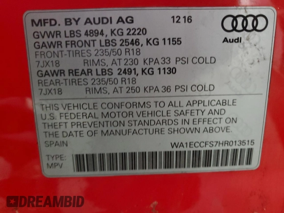 2017 Audi Q3 Premium with VIN WA1ECCFS7HR013515, listed as a Copart auction lot 44039275 with 111,798 mi miles and Clean Title. Bid and sale history available at carsss.com. Image 13.