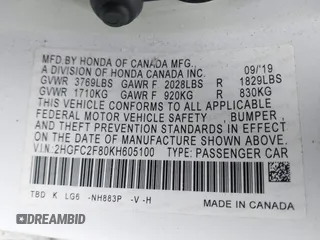 2019 Honda Civic Sport with VIN 2HGFC2F80KH605100, listed as a IAAI auction lot 41825640 with 82,363 mi miles and . Bid and sale history available at DreamBid. Image 9.