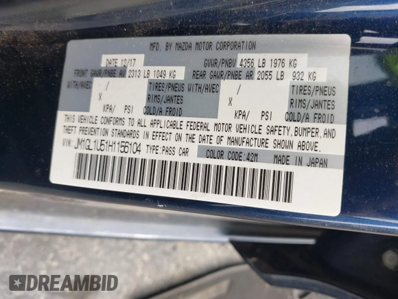 2017 Mazda 6 Sport with VIN JM1GL1U51H1156104, listed as a IAAI auction lot 41769388 with 121,405 mi miles and . Bid and sale history available at DreamBid. Image 9.