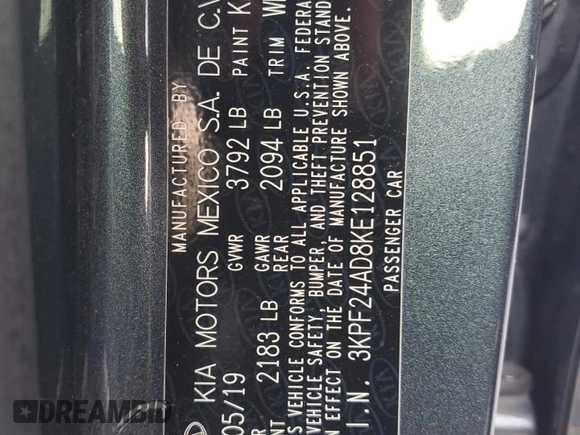 2019 Kia Forte LXS с VIN 3KPF24AD8KE128851, выставлен на аукционе Copart как лот 65644675 с пробегом 166 734 миль миль и Чистый • Clean title. История ставок и продаж доступна на DreamBid. Изображение 12.