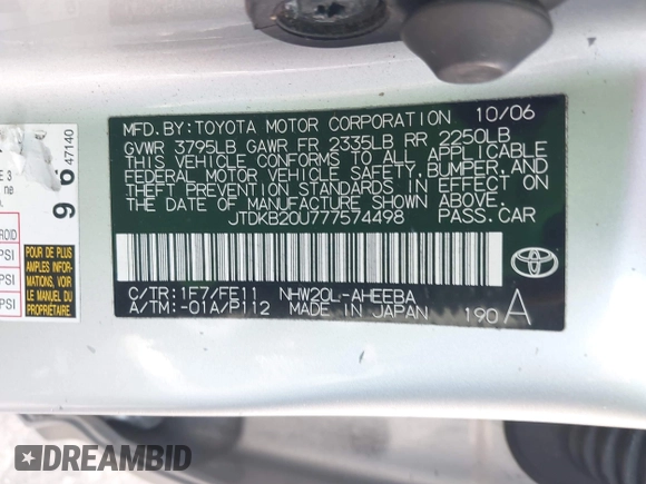 2007 Toyota Prius with VIN JTDKB20U777574498, listed as a IAAI auction lot 42204912 with 302,866 mi miles and . Bid and sale history available at DreamBid. Image 9.