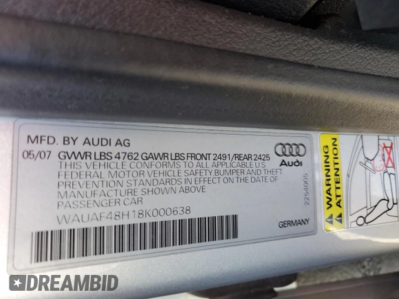 2008 Audi A4 2.0T z VIN WAUAF48H18K000638, wystawiony jako Copart lot #43280425 z przebiegiem 118 138 mil mil oraz Czysty tytuł • Clean title. Historia ofert i sprzedaży dostępna na DreamBid. Obrazek 12.