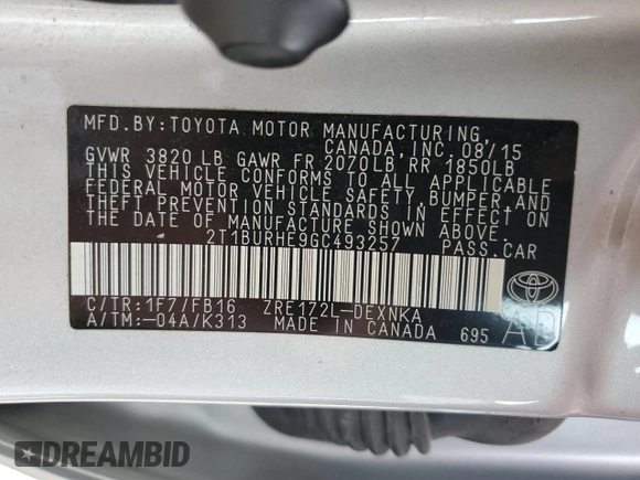 2016 Toyota Corolla L z VIN 2T1BURHE9GC493257, wystawiony jako Copart lot #57447485 z przebiegiem 178 565 mil mil oraz Szkoda całkowita • Salvage title. Historia ofert i sprzedaży dostępna na DreamBid. Obrazek 12.