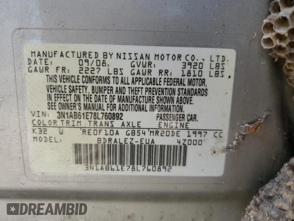 2008 Nissan Sentra S with VIN 3N1AB61E78L760892, listed as a Copart auction lot 57756485 with Not provided miles and Clean title. Bid and sale history available at DreamBid. Image 12.