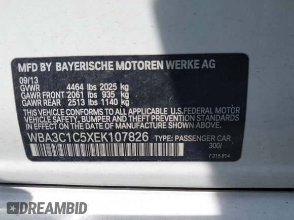 2014 BMW 3 Series 328i with VIN WBA3C1C5XEK107826, listed as a IAAI auction lot 42481701 with 104,151 mi miles and . Bid and sale history available at DreamBid. Image 9.