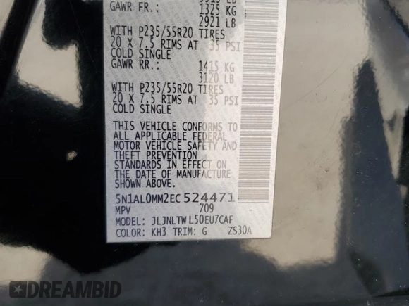 2014 Infiniti QX60 with VIN 5N1AL0MM2EC524471, listed as a Copart auction lot 52553095 with 187,409 mi miles and Salvage Title. Bid and sale history available at DreamBid. Image 13.