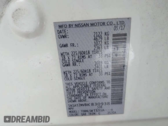 2017 Nissan Rogue SL with VIN 5N1AT2MV8HC830938, listed as a IAAI auction lot 41337476 with 117,940 mi miles. Bid and sale history available at carsss.com. Image 9.