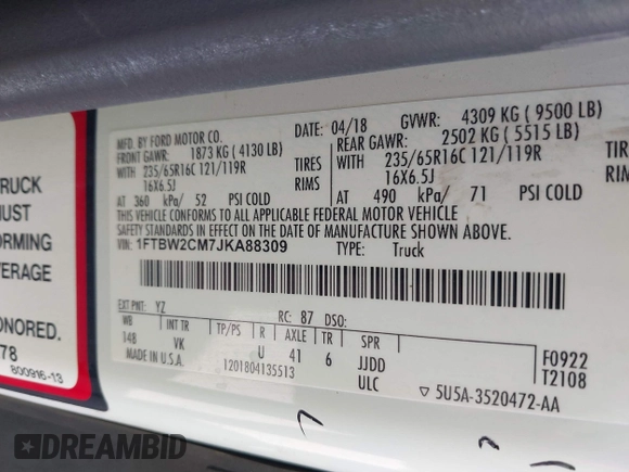 2018 Ford Transit with VIN 1FTBW2CM7JKA88309, listed as a IAAI auction lot 41627728 with 55,613 mi miles and . Bid and sale history available at DreamBid. Image 9.