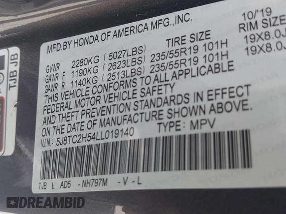 2020 Acura RDX Technology with VIN 5J8TC2H54LL019140, listed as a IAAI auction lot 42102793 with 56,519 mi miles and . Bid and sale history available at DreamBid. Image 9.