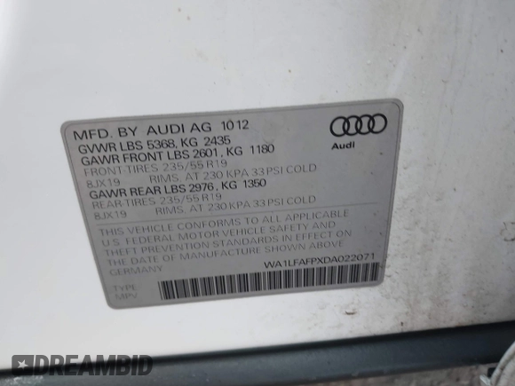 2013 Audi Q5 Premium Plus with VIN WA1LFAFPXDA022071, listed as a IAAI auction lot 41669993 with 201,151 mi miles and . Bid and sale history available at DreamBid. Image 9.