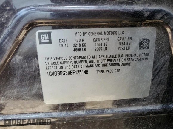 2014 Buick LaCrosse Leather with VIN 1G4GB5G30EF125148, listed as a Copart auction lot 54909425 with 102,081 mi miles and Salvage Title. Bid and sale history available at DreamBid. Image 13.