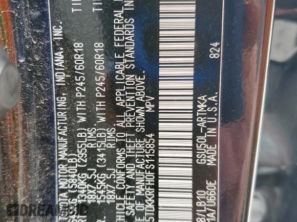 2015 Toyota Highlander XLE z VIN 5TDKKRFH0FS115854, wystawiony jako Copart lot #57512785 z przebiegiem 143 923 mil mil oraz Szkoda całkowita • Salvage title. Historia ofert i sprzedaży dostępna na DreamBid. Obrazek 14.