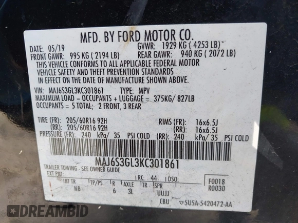 2019 Ford EcoSport SE with VIN MAJ6S3GL3KC301861, listed as a IAAI auction lot 40556438 with 55,668 mi miles and . Bid and sale history available at DreamBid. Image 9.