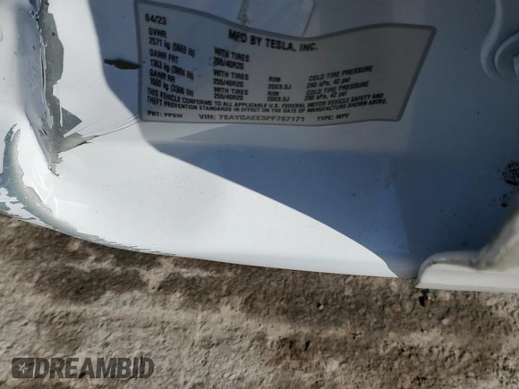 2023 Tesla Model Y Long Range with VIN 7SAYGAEE3PF767171, listed as a Copart auction lot 46057645 with Not Provided miles and Salvage Title. Bid and sale history available at DreamBid. Image 13.
