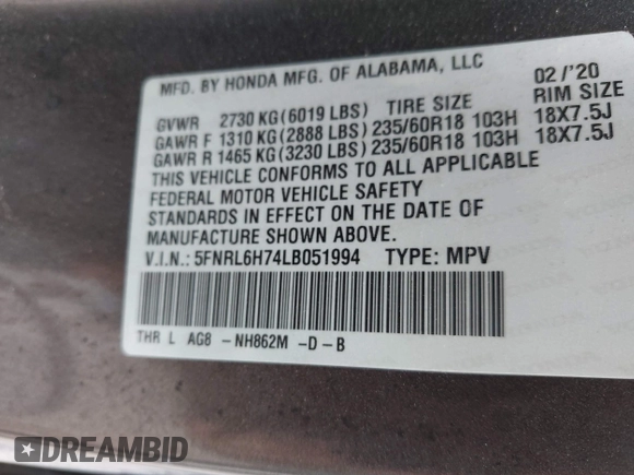 2020 Honda Odyssey EX-L с VIN 5FNRL6H74LB051994, выставлен на аукционе IAAI как лот 42259729 с пробегом 74 980 миль миль и . История ставок и продаж доступна на DreamBid. Изображение 9.