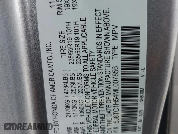 2021 Acura RDX Technology with VIN 5J8TC1H54ML007856, listed as a Copart auction lot 59545495 with 39,920 mi miles and Salvage title. Bid and sale history available at DreamBid. Image 12.