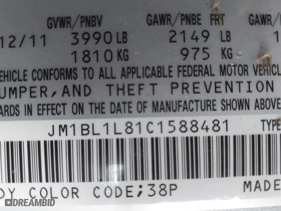 2012 Mazda Mazda3 i Touring with VIN JM1BL1L81C1588481, listed as a IAAI auction lot 41918702 with 189,344 mi miles. Bid and sale history available at carsss.com. Image 9.