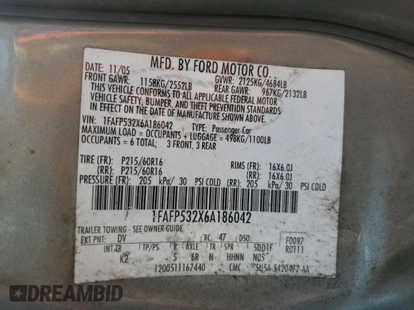 2006 Ford Taurus SE с VIN 1FAFP532X6A186042, выставлен на аукционе Copart как лот 54409375 с пробегом 145 687 миль миль и Списание • Salvage title. История ставок и продаж доступна на DreamBid. Изображение 12.