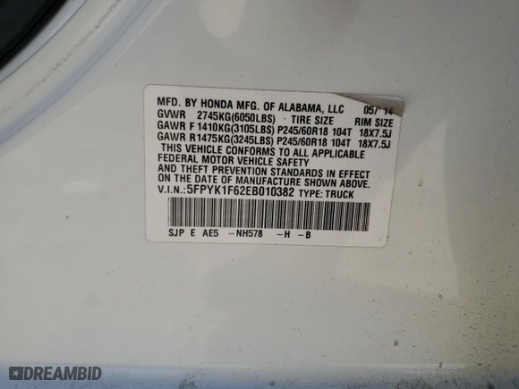 2014 Honda Ridgeline SE with VIN 5FPYK1F62EB010382, listed as a Copart auction lot 49889335 with 94,939 mi miles and Salvage Title. Bid and sale history available at carsss.com. Image 12.