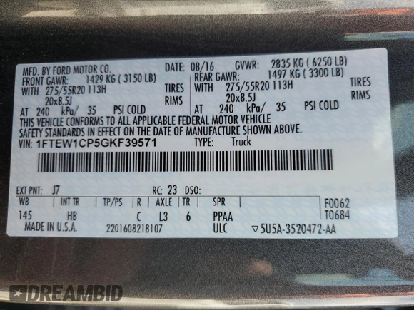 2016 Ford F-150 XL with VIN 1FTEW1CP5GKF39571, listed as a Copart auction lot 61482885 with Not provided miles and Salvage title. Bid and sale history available at DreamBid. Image 12.