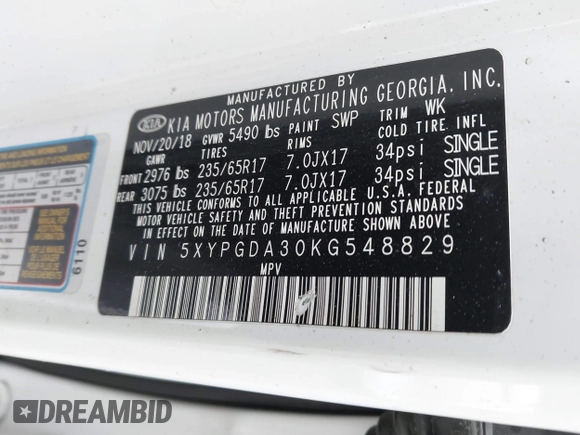 2019 Kia Sorento LX with VIN 5XYPGDA30KG548829, listed as a IAAI auction lot 41560273 with 72,923 mi miles. Bid and sale history available at carsss.com. Image 9.