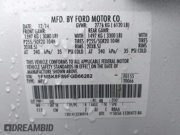 2015 Ford Explorer Limited with VIN 1FM5K8F89FGB66282, listed as a IAAI auction lot 42000287 with 139,519 mi miles and . Bid and sale history available at DreamBid. Image 9.