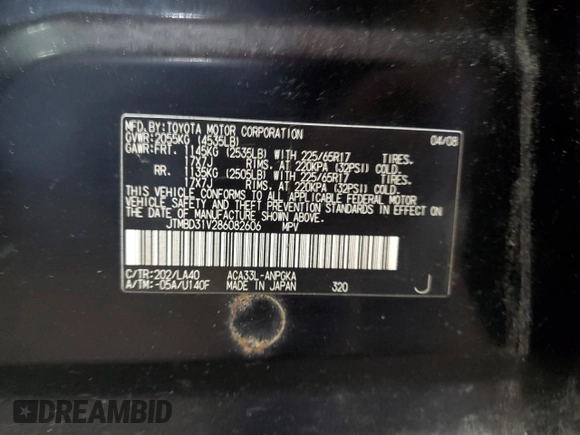 2008 Toyota RAV4 Limited с VIN JTMBD31V286082606, выставлен на аукционе Copart как лот 61877995 с пробегом 200 412 миль миль и Чистый • Clean title. История ставок и продаж доступна на DreamBid. Изображение 13.